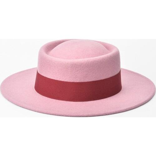 Flat Top Fedora Hat New Fashion Style Autumn Winter Spring Large Eaves Pattern Ring Type Wool Size about Brim 7cm Height 9cm