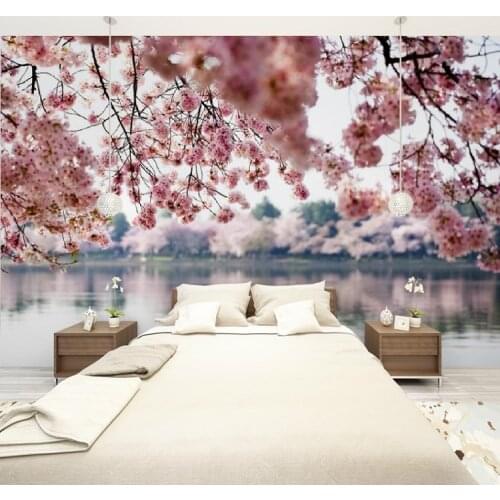 Custom Size 3D Photo Mural Wall Sticker Cherry Blossoms Background Removable Wall Papers Self-adhesive Vinyl Art Home Decor