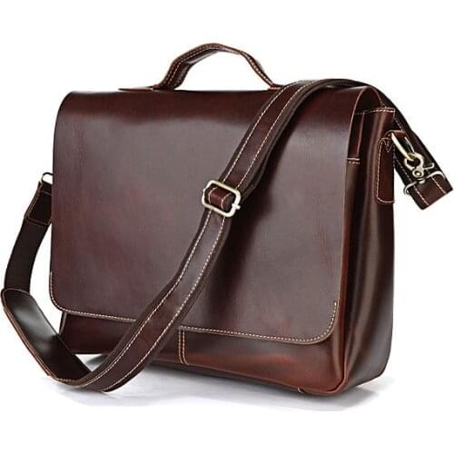 Men Handbag Coffee Brown Briefcase Real leather Vintage Oil Leather Business Travel Laptop File Shoulder Messenger Crossbody Bag
