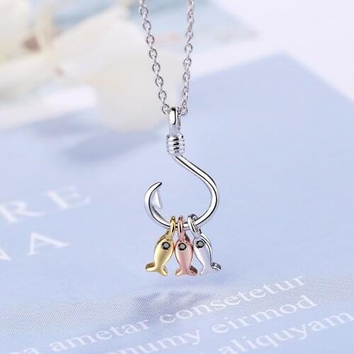 Simple Fishhook Pendant Necklace For Women 925 Sterling Silver Rose Gold Three Small Fish Chain Accesories Womens Jewelry