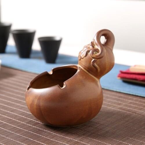 Simple Art Retro Ancient Coarse Pottery Gourd Ashtray Modern Living Room Office Ceramic Anti-fly Ash Ashtray Give Boyfriend Gift