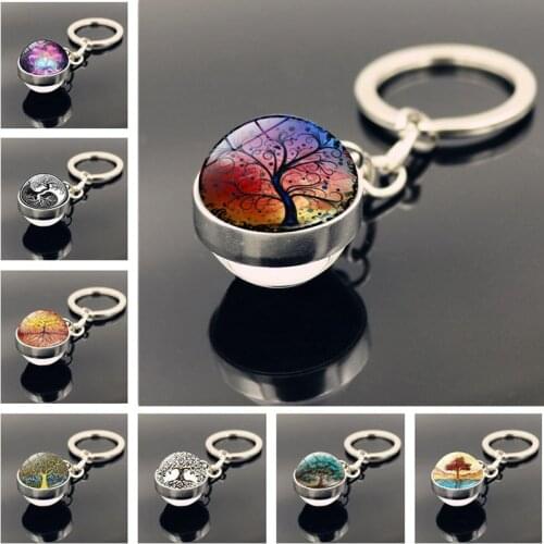 Tree of Life Keychain Jewelry with Silver Color Double Side Glass Ball Car Keychain Pendant for Men Women Gift