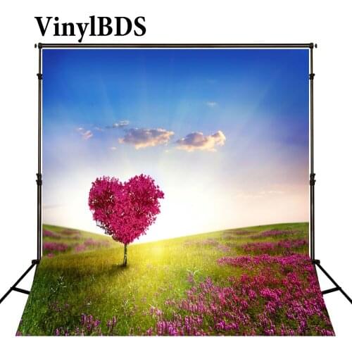 VinylBDS ValentineS Day Photography Background Pink Love Tree and Green Grassland Backdrops Blue Sky Backdrop for Studio