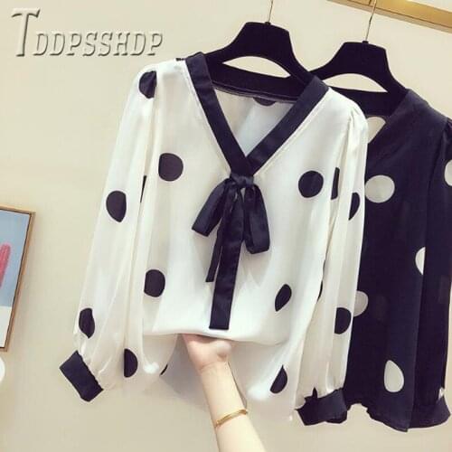2020 New Spring Korean Polka Dot Women Blouse Bowknot Decor Long Sleeve Female Blouses