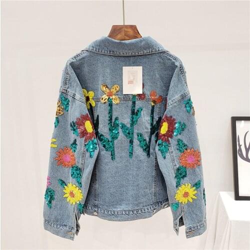 Designer Denim Jacket Women 2021 Autumn Fashion Sequins Flowers Coat Casual Long Sleeve Loose Fit Street Female Short Jackets