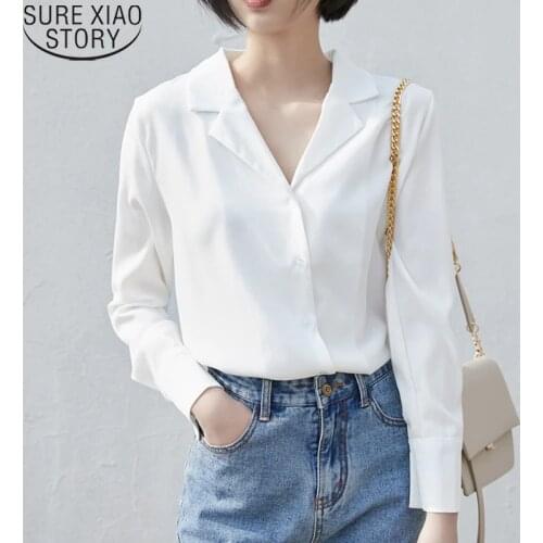 2021 New Korean Solid Blusas Tops Spring Women White Long Sleeve Chiffon Shirts OL Style Loose Suit Collar Clothes Blouse 9383