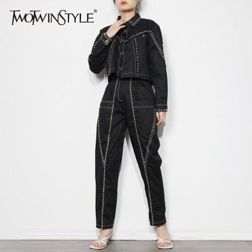 TWOTWINSTYLE Sexy Patchwrok Womens Suit Lapel Long Sleeve Coats High Waist Full Length Straight Pants Female Suits 2021 Stylish