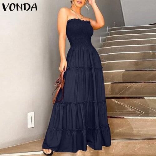 Women Summer Maxi Dress Vintage Solid Dress 2021 VONDA Elegant Sexy Long Party Dress Robe Femme Bohemian Vestidos