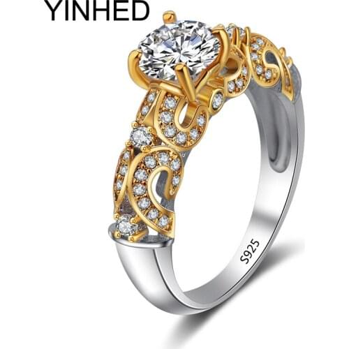 YINHED Luxury Palace Hollow Ring Natural 925 Sterling Silver Wedding Rings for Women Fashion Jewelry Engagement Ring Gift JZ243