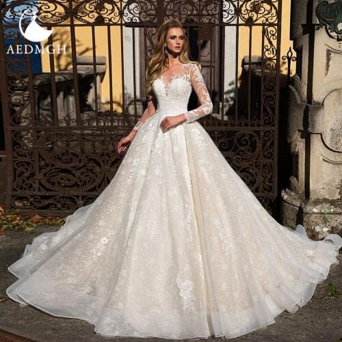 Aedmgh Ball Gown Wedding Dresses 2021 V-Neck Long Sleeve Robe De Mariee Gorgeous Applique Lace Princess Empire Vestido De Novia