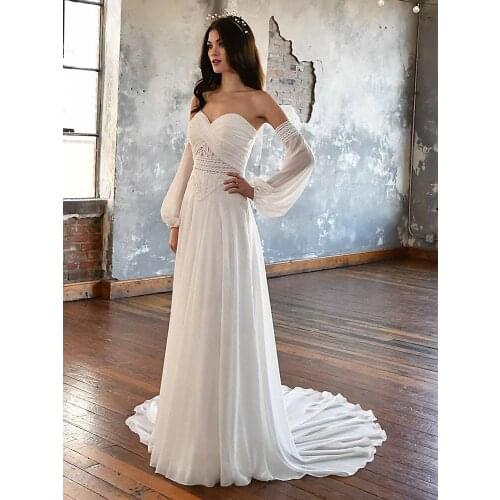 Boho Strapless Wedding Dresses 2021 Lace Appliques Puff Sleeves Chiffon Court Train Bridal Gowns For Women Custom Made Summer