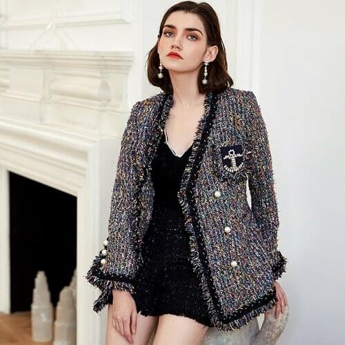 Runway Tweed Coat Women Casual Style Jaket V Neck Long Sleeve Coat Spring Autumn Basic Jackets New Fashion