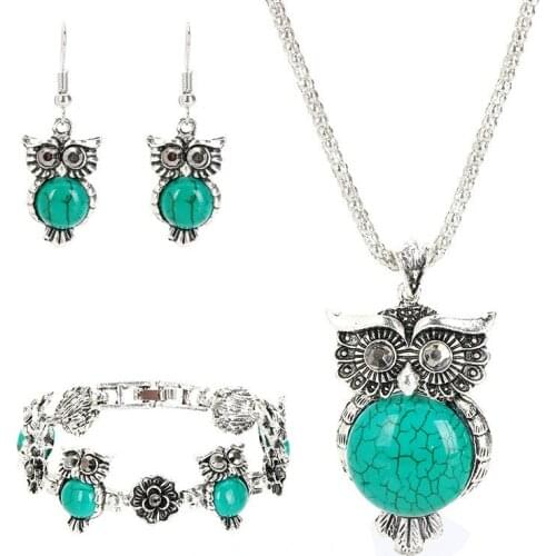 Turquoise Owl Jewelry Sets Pendant Earring Bracelet Necklace Retro 925 Silver Chain Amulet Fashion Gifts for Her Woman