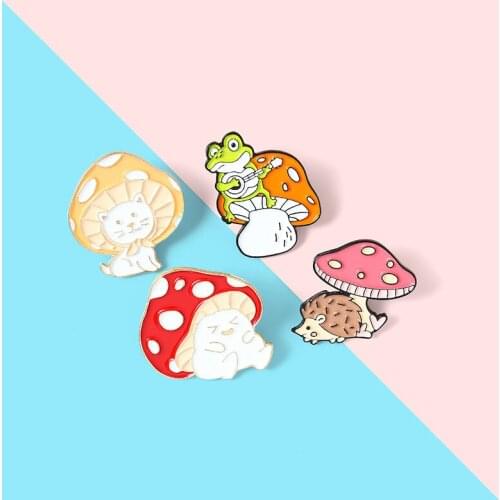 Cartoon Cat Frog Hedgehog Brooches Mushroom Enamel Pins Bag Shirt Lapel Pins Badge Cute Animal Jewelry Gift for Kids Friends