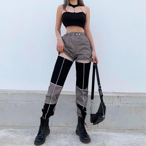 Patchwork Pants Autumn New Womens Street Photography Sequined Buckle Hollow Stitching Contrast Color High Waist Casual Trousers