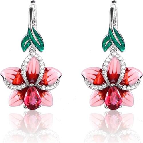Enamel Glaze Flower Drop Earrings For Women Fashion Jewelry Accessories Rose Green Leaf Red Crystal Earrings Gifts O3P204