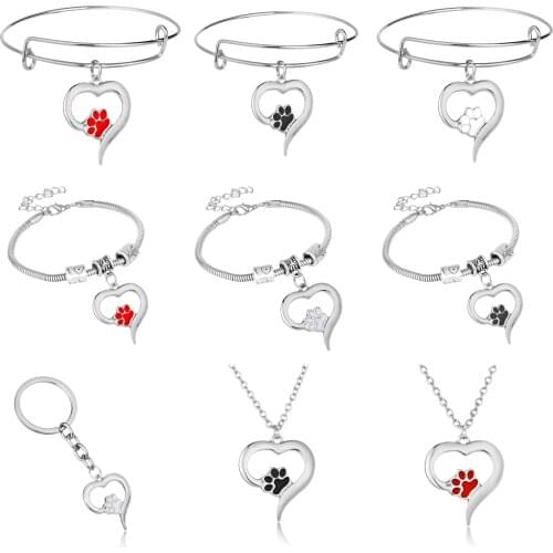Enamel Dog Cat Paw Print Charm Bangle Love Heart Bracelet Pet Women Girls Lovers Jewelry Adjustable Bangle Valentines Day Gifts