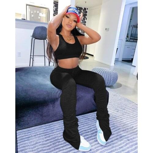 Echione Short Crop Top Tank Sporting Tshirt and Ruched Pleated stacked pants Two Piece Set Matching Set Fashion Women Tracksuit