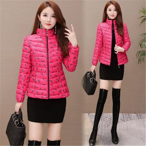 2021 Winter Fashion New Style Short Stand Collar Long Sleeve Lightweight Slim Warm Printed Cotton Jacket Female Trend 051