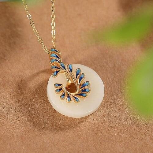 Peace Buckle Antique Pendant Gemstone Cloisonne Hetian Jade Temperament Womens Sweater Pendant Sterling Silver Gold Plated