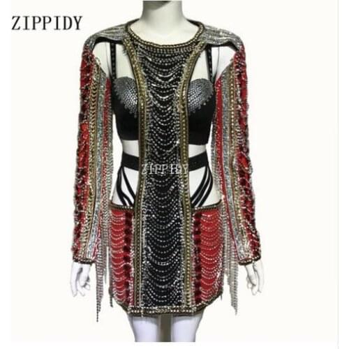Fashion Sparkly Black Red Rhinestones Dress Sexy Stage Wear Chains Design Costume Female Singer Performance Outfit