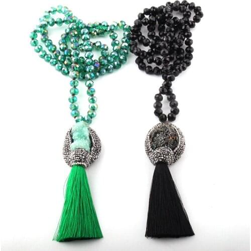 Fashion Bohemian Jewelry Crystal Glass Knotted Natural Druzy & Tassel Pendant Necklace