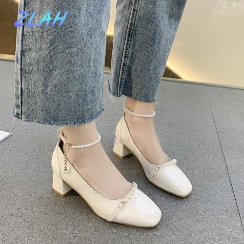 Fashion Pearl Mid-heel Womens Shoes Womens French Retro Shallow Mouth Square Toe Single Shoes Zlah High Heels Mary Jane Shoes
