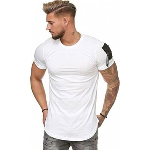 Mens Zipper Sleeve T Shirt Fashion Brand Clothing O Neck Short Sleeve Solid Tshirts Fitness Casual For Male T-shirt Tee S-2XL