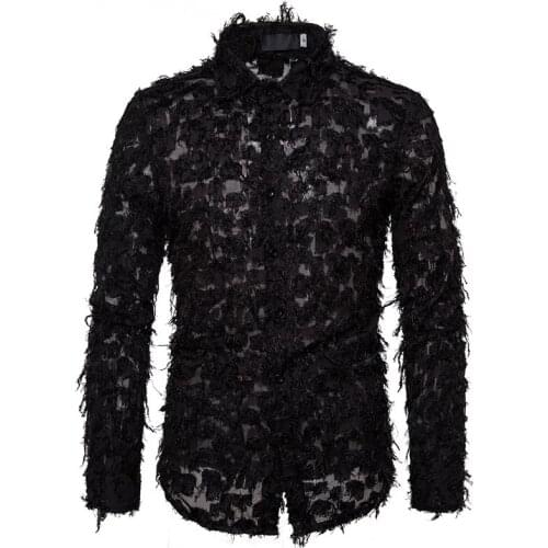 Black Feather Lace Shirt Men 2021 Fashion Nightclub Button Up Shirt Mens Disco Party Wedding Prom Dress Shirts Camisa Masculina