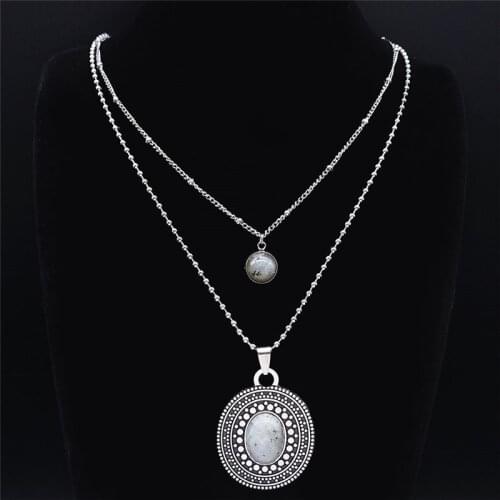 2PCS Boho Flash Stone Stainless Steel Charm Necklaces Women Silver Color Necklace Jewelry sautoir femme long boheme N3606S04