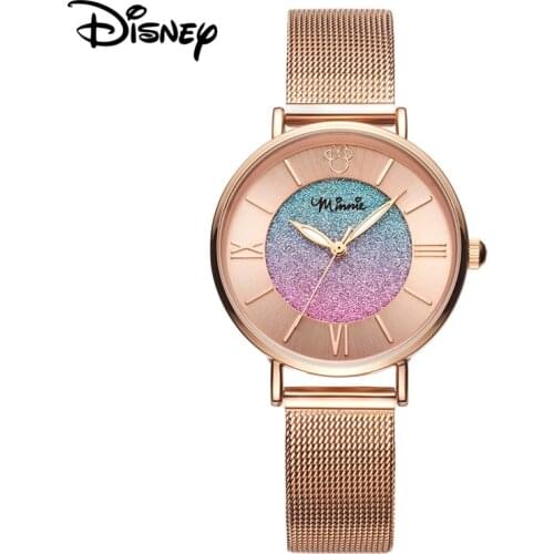 Minnie Mouse Ladies Colorful Starry Stainless Steel Quartz Watches Womens Luxury Disney Ultrathin Wristwatch Girls Clocks Female
