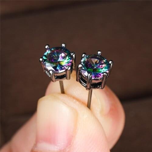 Simple Female Rainbow Crystal Stud Earrings Black Gold Silver Color Wedding Earrings For Women Charm Bride Round Zircon Jewelry