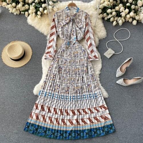 SINGREINY Women French Print Pleated Dress Elegant Bow Collar Long Sleeve A-line Dress 2021 Autumn Fashion Streetwear Long Dress