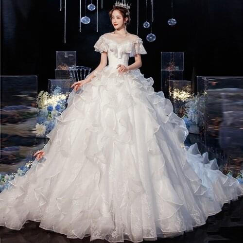 Wedding Dresses Illusion O-Neck Short Backless Tulle Lace Embroidery Luxury White Floor-Length Vintage Women Bridal Gown GB526