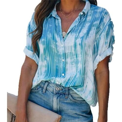 Women Summer Single Breasted Shirt Turn-down Collar Skin-friendly Short Sleeve Print Casual Shirt Blouse Casual Loose Shirt