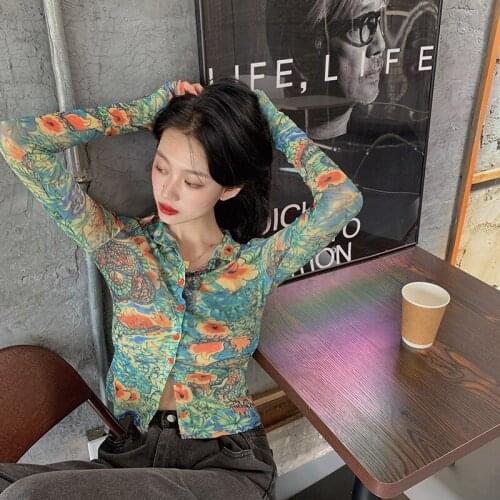 Turn-down collar long-sleeved personalized dragon-print mesh stretch short section base shirt women