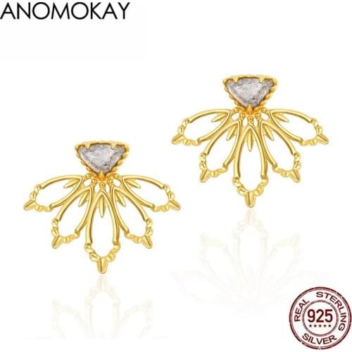 Anomokay Hollow Out Gold Color Leaf Stud Earrings for Women Gift Real 925 Silver Natrual Stone Earring Jewelry