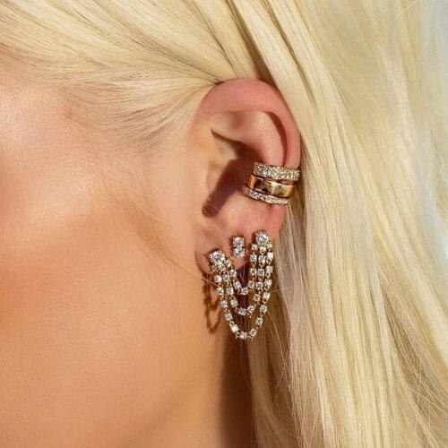 Women personality temperament diamond tassel wild double pierced long chain earrings fashion retro trendy