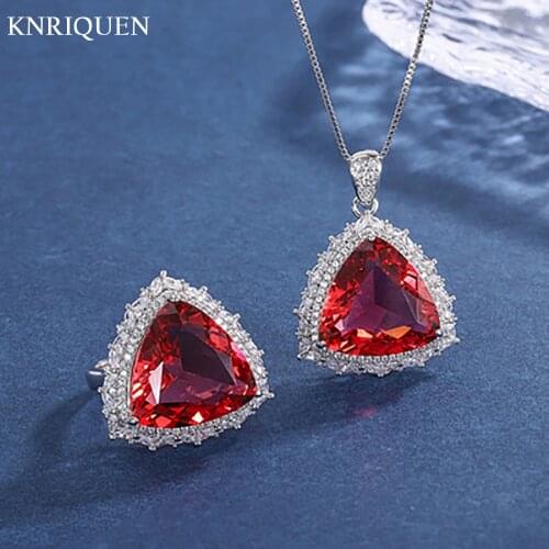 Charms 925 Sterling Silver 17*17mm Ruby Gemstone Pendant Necklace Womens Rings High Carbon Diamond Wedding Jewelry Sets Gift