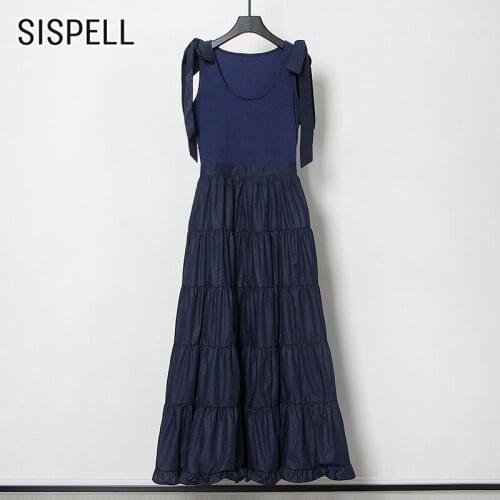 SISPELL Lace Up Bowknot Dresses For Female Sqaure Collar Sleeveless High Waist Slimming Pure Color Womens Dress Fashion Enw