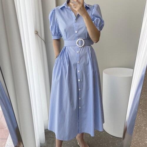 Casual Lapel Women Striped Dress Short Sleeve Single-breasted Belted Female A-line Long Dress Ladies Summer Blue Vestidos DR015