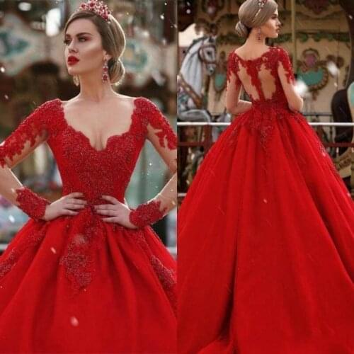 2020 New Long Sleeve Red Wedding Dress A Line Illusion Back Beaded Wedding Gowns Sexy V-Neck Formal Party Dresses