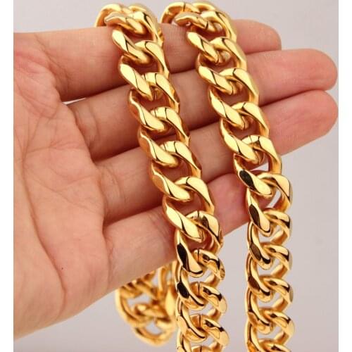12mm Wide Hip Hop Men Necklace Chains Fashion Solid Gold Color Filled Curb Cuban Long Necklace DIY Chain Charm Unisex Jewelry