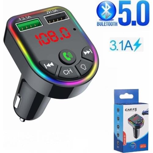 Car Bluetooth 5.0 FM Transmitter Modulator MP3 Player LED Display Colorful Light F5 Car Kit Handsfree 3.1A Dual USB Car Charger