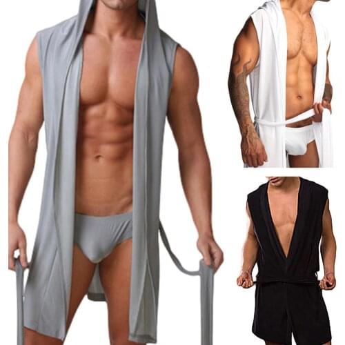 Халат мужской Summer Dress Bath Robe Men Sexy Pajamas Sleepwear Hombre Sleeveless Hooded Bathrobe Nightgown Robe Badjas Mannen