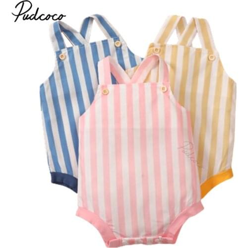 Pudcoco 0-18M Bodysuit Striped Print 3 Colors Blue Yelllow Pink Baby Boys Girls Summer Sleeveless Leotard Clothes