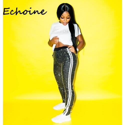 Fashion Sequin Pants Streetwear Trousers Women Stretch Pants Black Color Side White Striped Clubwear Outfit Women Autumn Bottom