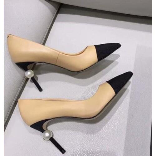 Carpaton Sexy Pointed Toe High Heel Shoes Woman Thin Heels Dress Shoe Pearls Beaded Stiletto heels Party Wedding Shoe Black Nude