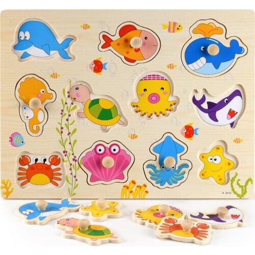 Kids 3D Wooden Puzzle Hand Grab Boards Toys Vehicle Animals Fruits Cognition Tangram Jigsaw Children Educational Montessori Toys