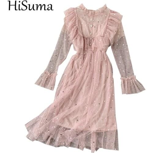 HISUMA Spring Autumn Women Flare Sleeve Bling Sequin Ruffles Pleated Chic Dress Lady Elastic Slim Waist Mesh Gauze Button Dress